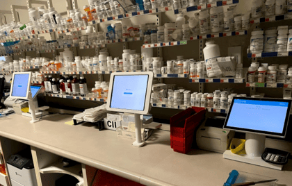 Pharmacy counter space is neat and organized